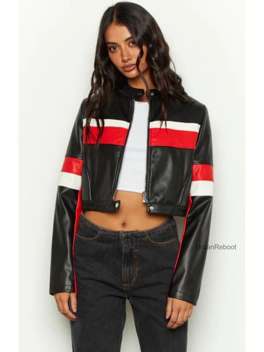 Faux Leather Cropped Motorcycle Jacket Zip Up Y2K Outerwear - Picture 3 of 5